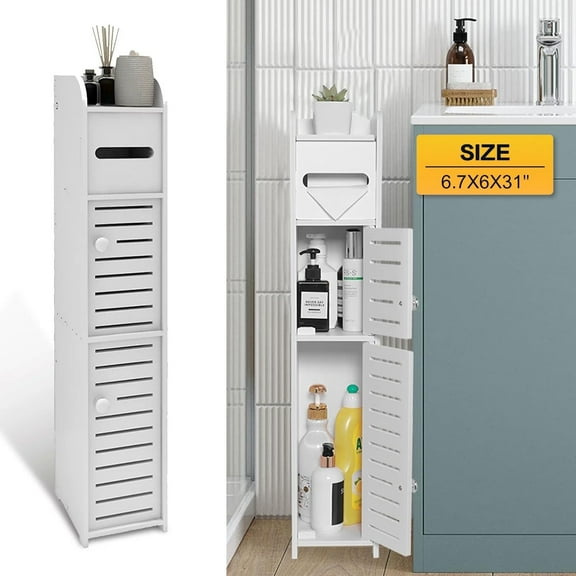 Homeika Bathroom Storage Cabinet with 2 Doors and 2 Shelves, 4 Tier Design Toilet Paper Storage Stand for Small Space and Corner, L6.7 x W6 x H31 Inch, White