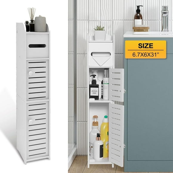 Homeika Bathroom Storage Cabinet with 2 Doors and 2 Shelves, 4 Tier Design Toilet Paper Storage Stand for Small Space and Corner, L6.7 x W6 x H31 Inch, White