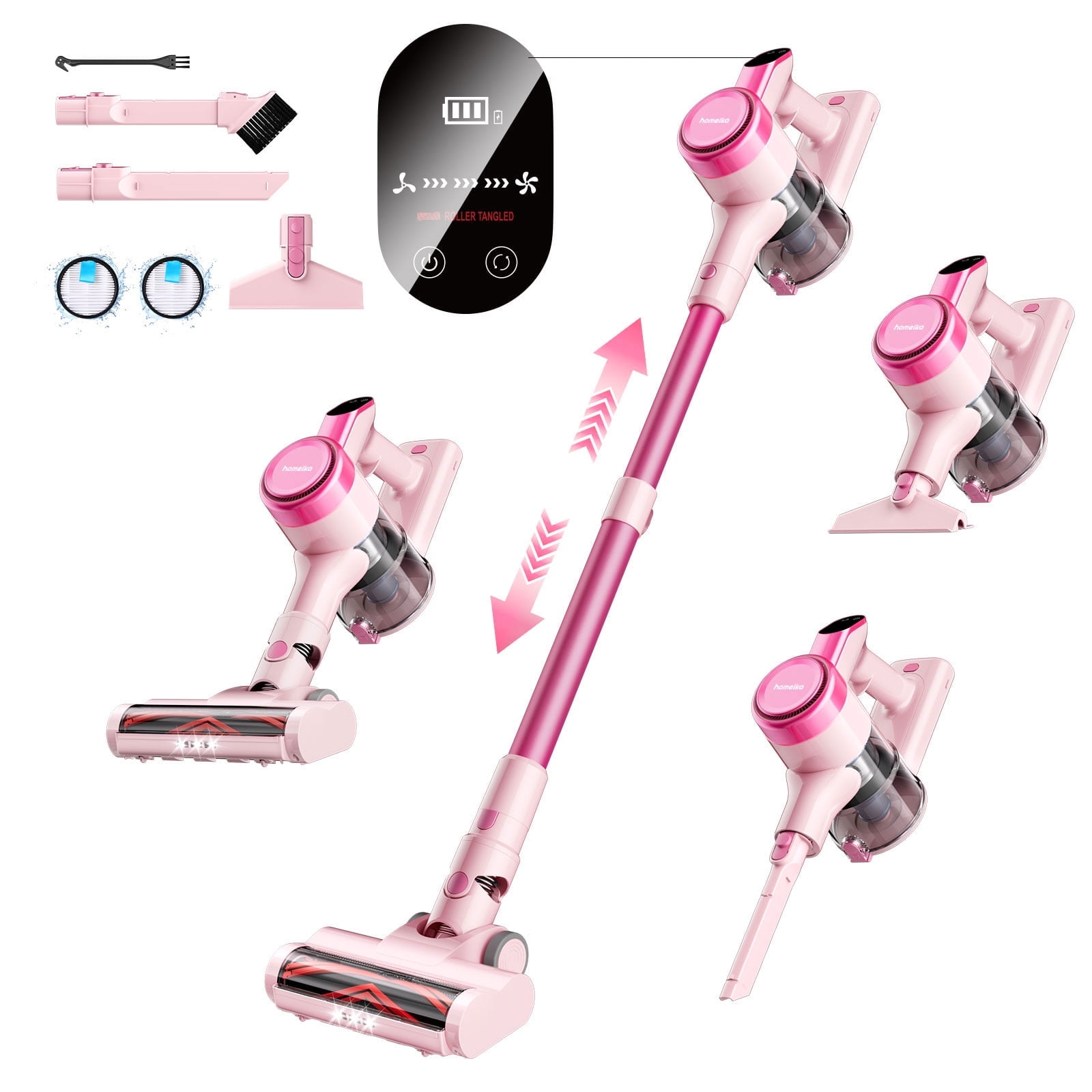 Homeika Cordless Vacuum Cleaner, 300W 23KPa Powerful Suction Vacuum with LED Display, 3 Suction, 48mins Runtime, Lightweight Stick Cleaner with Sofa Brush for Hard Floor/Carpet/Pet Hair/Car, Pink - Walmart.com