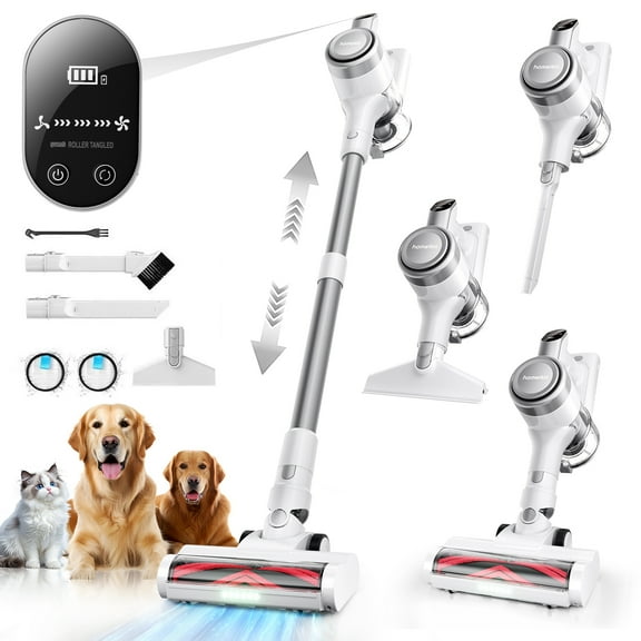 Homeika Cordless Vacuum Cleaner, 300W 23KPa Powerful Suction Vacuum with LED Display, 3 Suction, 48mins Runtime, Lightweight Stick Cleaner with Sofa Brush for Hard Floor/Carpet/Pet Hair/Car, White