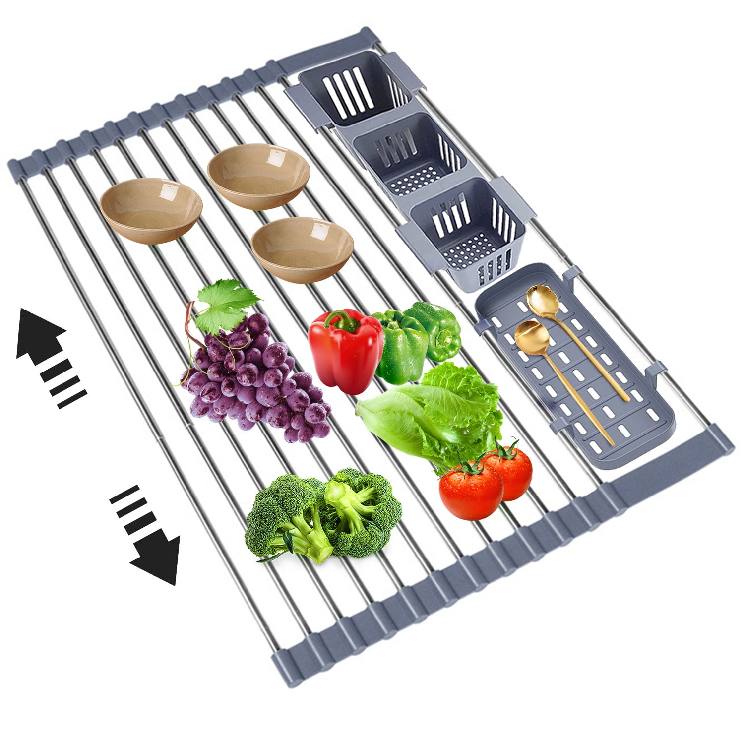 Expandable Roll Up Dish Drying Rack Up to 22.8''with 2 Storage Baskets,Over  The Sink Kitchen Rolling up Dish Drainer, Foldable,Rollable for
