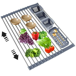 XL Extra Large Expandable Roll Up with Storage Basket 22.8 x 12.7 Over Sink Dish Drying Rack Multi-Purpose Kitchen Rolling Dish Drainer Foldable