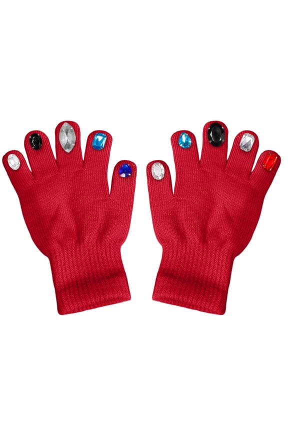 1 Pair Winter Knit Gloves with Colorful Crystal Ornaments - Warm Full Finger Cotton Mittens for Women Men Girls Boys Outdoor Activities