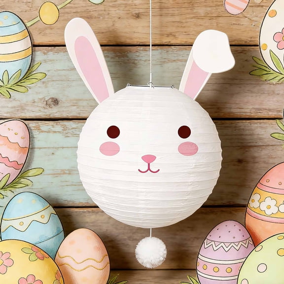 Homekingdee 10 Inch Easter Bunny Paper Lantern - Round White and Blush Hanging Decoration for Easter Party Baby Shower Birthday Home Decor