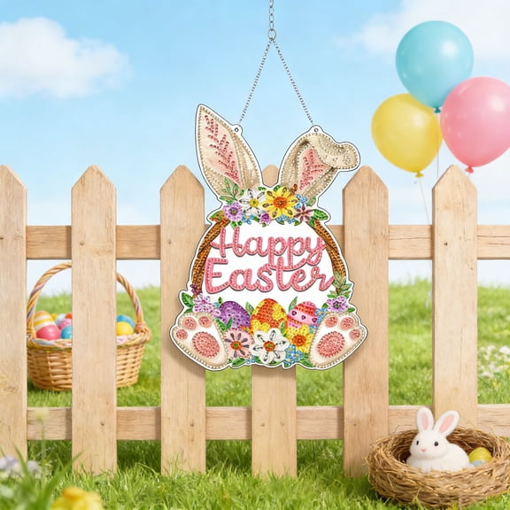 Homekingdee 10 Inch Easter Window and Door Wreath Hanging Decor with Double-Sided Diamonds Painting Pictures for Easter Spring Home Party Supplies