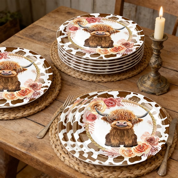 Homekingdee 10 Pcs Cow Paper Plates Disposable 9/7 Inch Vintage Floral Dinner Plates for Birthday Party Farmhouse Theme Celebration Supplies
