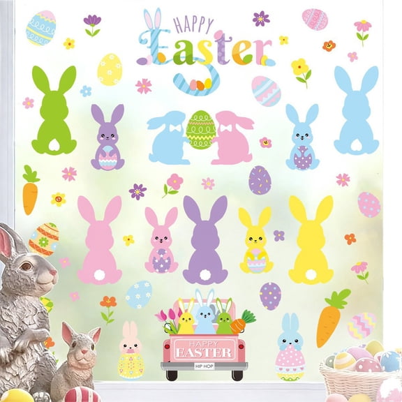 Homekingdee 6 Pcs Easter Bunny Wall Stickers - Colorful Bunny Truck Flower Plastic Wall Decals for Spring Party Home Classroom Office Decoration