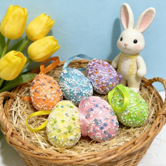 Homekingdee 6 Pcs Easter Egg Hanging Ornaments - Multicolor Foam Easter Decorations for Tree Wreath Garland Spring Festival Party Home Decoration