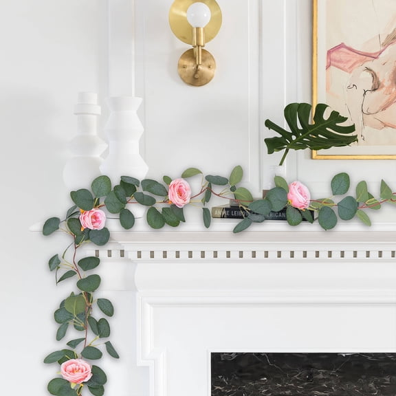 Homekingdee Artificial Eucalyptus Leaf Rose Vine Garland - Realistic Plastic Fake Flower Strips for Home Fence Decoration, Indoor Outdoor Party Wedding Decor