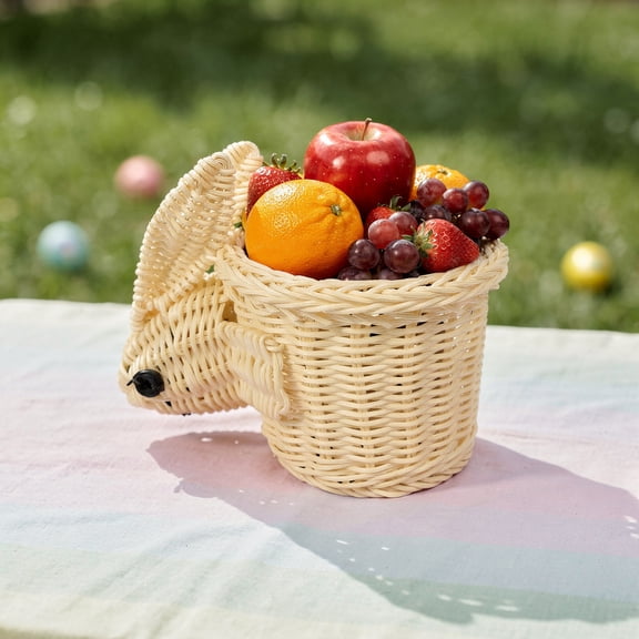 Homekingdee Easter Bunny Plastic Woven Storage Basket - Multifunctional Fruit and Snack Organizer for Home Decoration