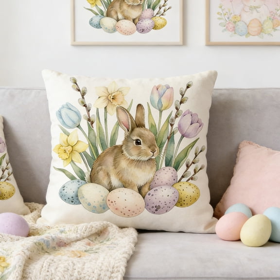 Homekingdee Easter Bunny and Chick Patterned Egg Print Cushion - Decorative Pillow for Sofa Bedroom Easter Holiday Home Decor