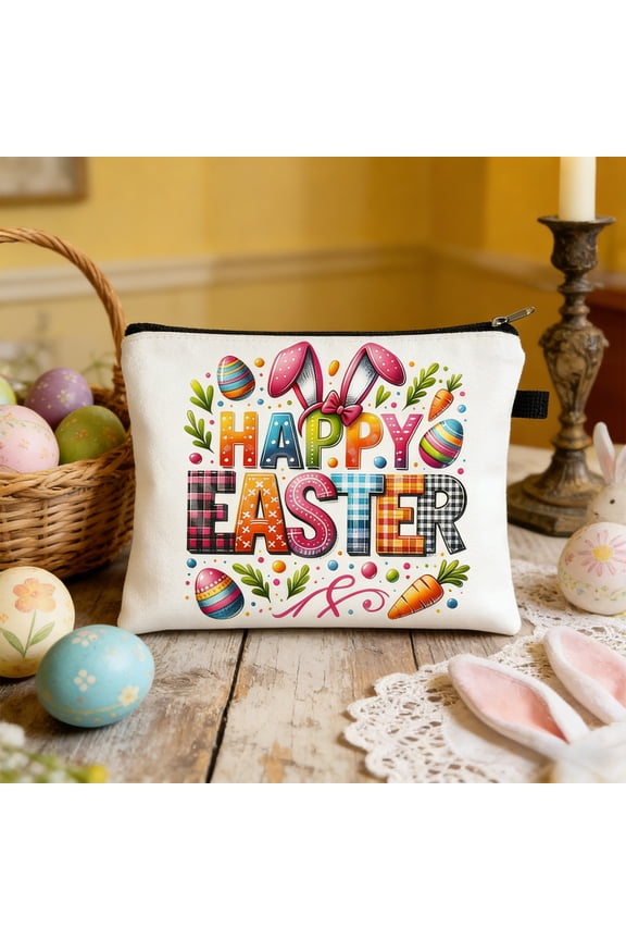 Easter Themed Storage Bag - Travel Toiletry Cosmetic Bag with Anti-Slip Chain, Multicolor Linen, 8.3x5.9 Inches for Holiday Gifts and Outdoor Camping