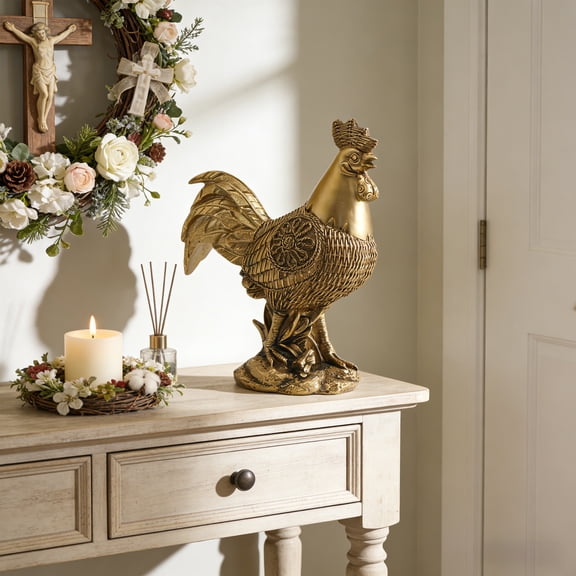 Homekingdee European Resin Rooster Ornament - Auspicious Gold and Silver Rooster Statue for Home Living Room Desktop Decoration Crafts