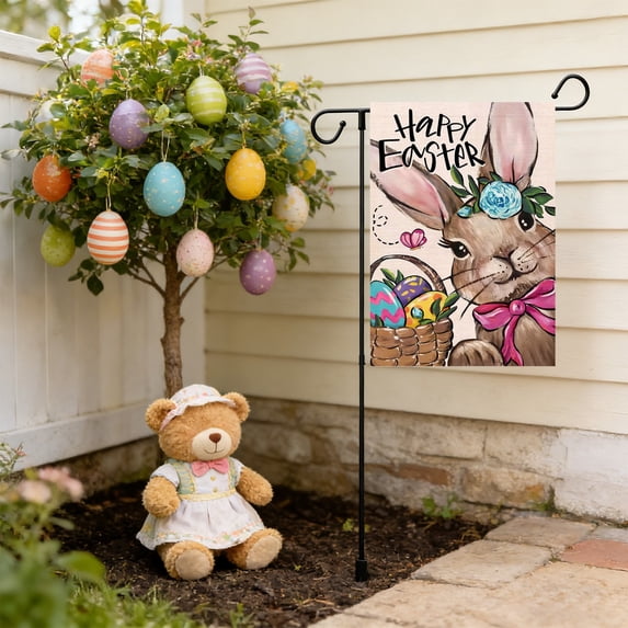 Homekingdee Garden Flag Easter Egg Rabbits Print - White Polyester Yard Party Decoration Flag for Indoor Outdoor Courtyard Easter Celebration