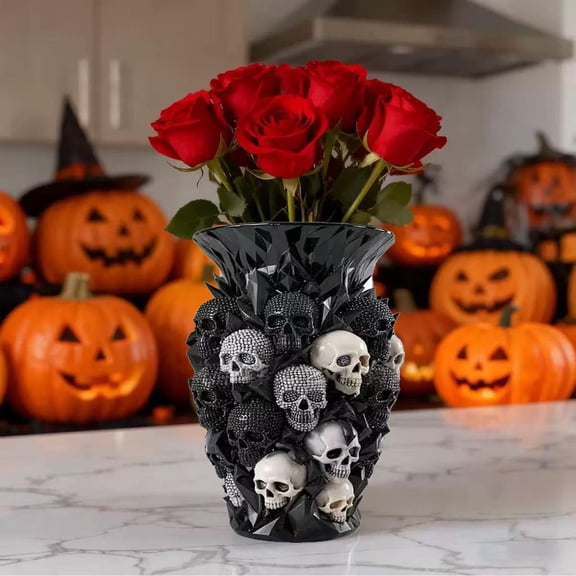 Homekingdee Gothic Skull Vase Resin Decoration - 5.19x3.15x3.15 Inch Black Diamond Skull Planter for Home Decor Desktop Shelf Display