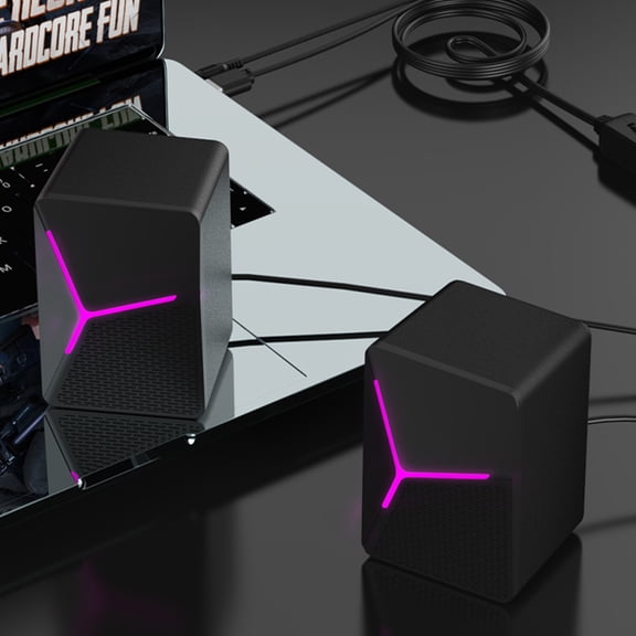 Homekingdee P Automatedr of Black Plastic Computer Speakers with RGB Lighting - Wired USB and 3.5mm Plug Mini Desktop Speakers for PC, Laptop, Gaming and Multimedia Use