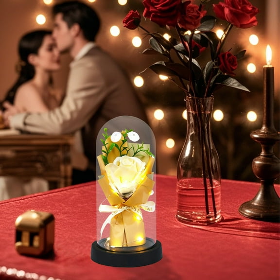 Homekingdee Valentine's Day Gift Everlasting Flowers Dried Flower Bouquet with Glass Cover Roses Soap Flowers and Luminous Lights for Birthday Home Decoration