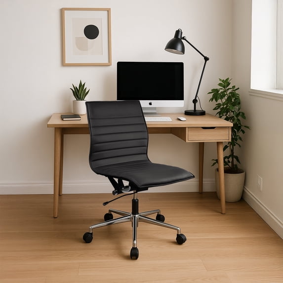 Homelala Black Contemporary Ergonomic Executive Mid back PU Leather No Arms Rest Tilt Adjustable Height With Wheels Lumbar Support Swivel Office Chair Conference Home Task, Set of 1, 1 piece