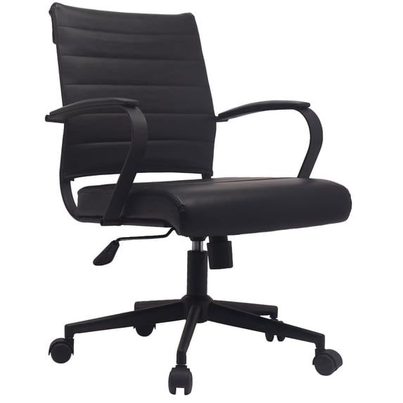 Homelala Black Modern Mid Back Ribbed PU Leather Swivel Tilt Adjustable Chair Designer Executive Manager Office Chair Conference Room Ergonomic Computer With Arms on Black Base, Set of 1, 1 piece