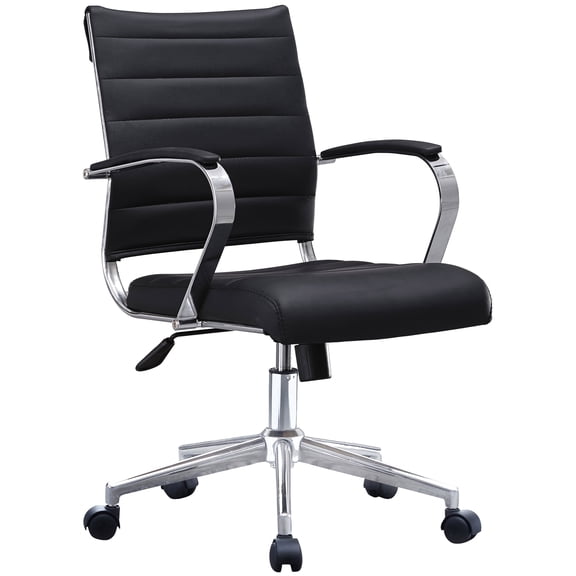 Homelala Black Modern Mid Back Ribbed PU Leather Swivel Tilt Adjustable Chair Designer Boss Executive Management Manager Office Chair Conference Room Ergonomic Computer Contemporary With Arms Wheels