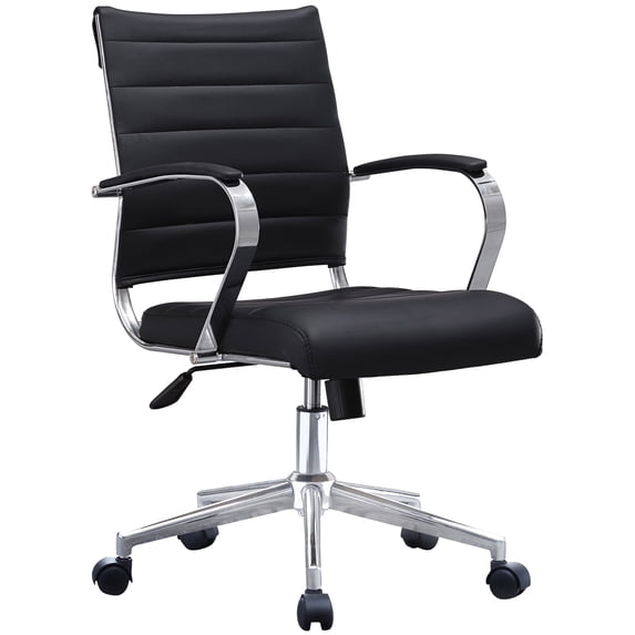 Homelala Black Modern Mid Back Ribbed PU Leather Swivel Tilt Adjustable Chair Designer Boss Executive Management Manager Office Chair Conference Room Ergonomic Computer Contemporary With Arms Wheels