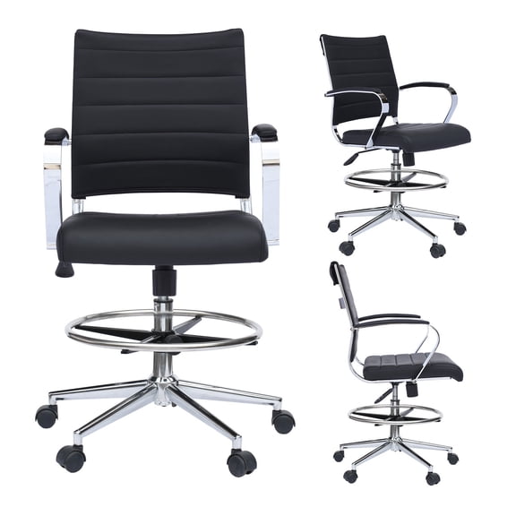 Homelala Black Office Drafting Chair Ribbed Padded Open Mid Back With Wheels and Arms For Home Office Conference Room Tilt Ribbed Adjustable Height Swivel and Foot Rest, Set of 1, 1 piece