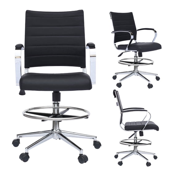 Homelala Black Office Drafting Chair Ribbed Padded Open Mid Back With Wheels and Arms For Home Office Conference Room Tilt Ribbed Adjustable Height Swivel and Foot Rest, Set of 1, 1 piece