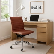Homelala Brown Modern Mid Back Office Chair Ribbed PU Leather Swivel Tilt Adjustable Chair Designer Boss Executive Manager Office Conference Room Work Task Without Arms Armrests, Set of 1, 1 piece