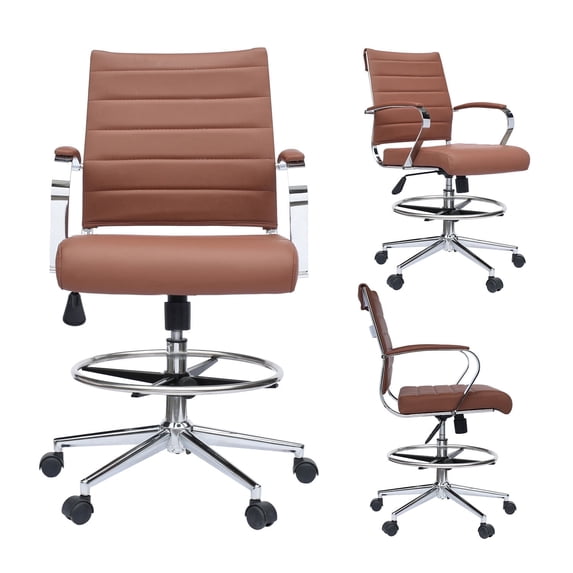 Homelala Brown Office Drafting Chair Ribbed Padded Open Mid Back With Wheels And Arms For Home Office Conference Room Tilt Ribbed Adjustable Height Chrome Foot Rest, Set of 1, 1 piece