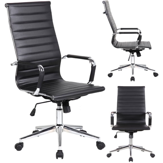 Homelala - Designer Boss PU Leather with Arms wheels Swivel Tilt Adjustable Executive Manager Mid Century Office Chair High Back Ribbed Modern Work Task Computer Black Desk Chair, Set of 1, 1 piece
