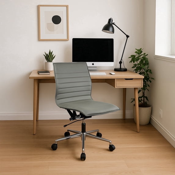 Homelala Gray Mid Century Contemporary Executive Office Chair Mid back PU Leather No Arm Rest Arms Tilt Adjustable Height With Wheels Back Support Task Chrome Armless Ergonomic, Set of 1, 1 piece