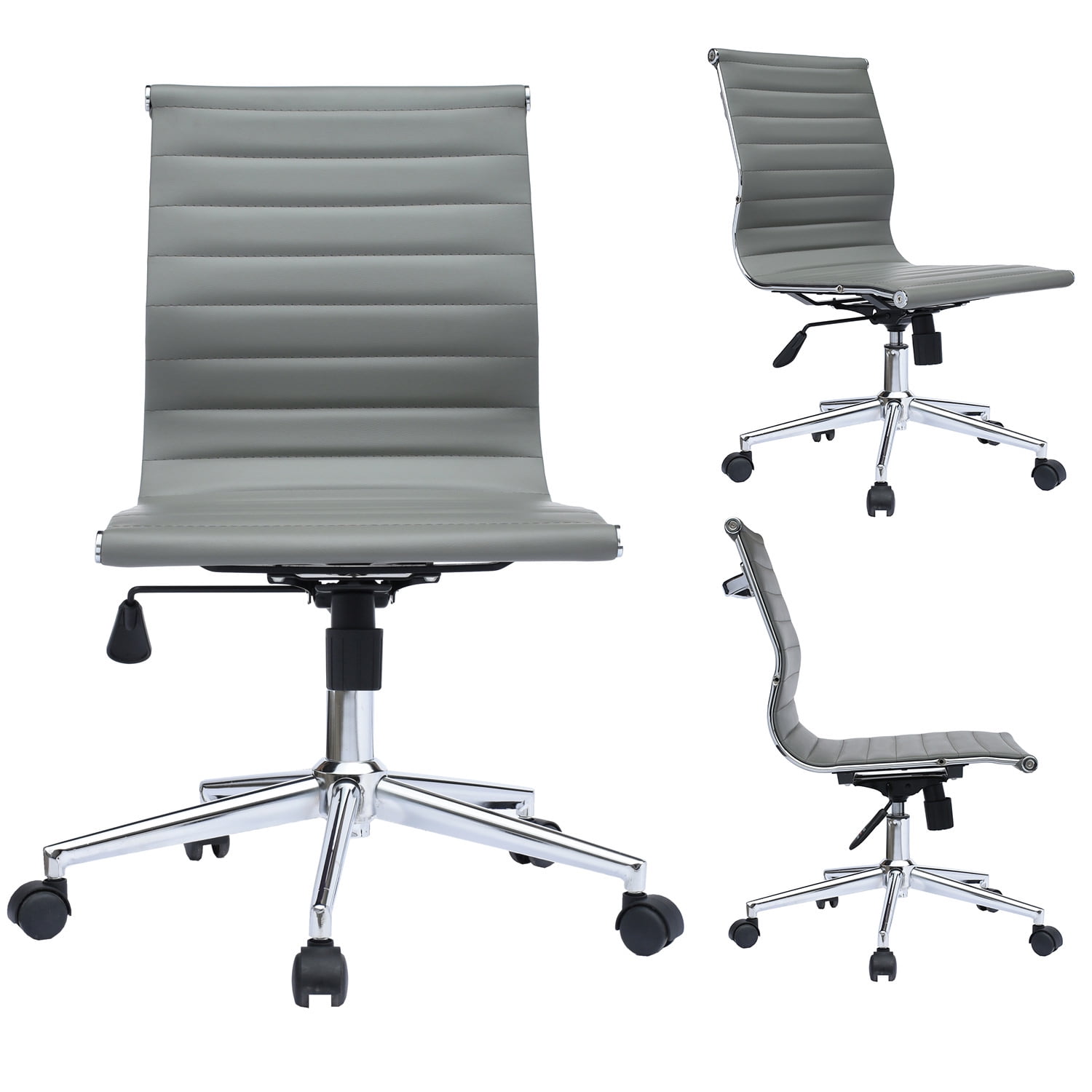 Homelala Gray Mid Century Modern Contemporary Executive Office Chair Mid back PU Leather No Arm Rest Arms Tilt Adjustable Height With Wheels Back