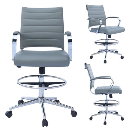 Homelala Gray Office Drafting Chair Ribbed Padded Open Mid Back With Wheels And Chrome Arms For Home Office Conference Tilt Ribbed Adjustable Height Chrome Swivel Foot Rest, Set of 1, 1 piece