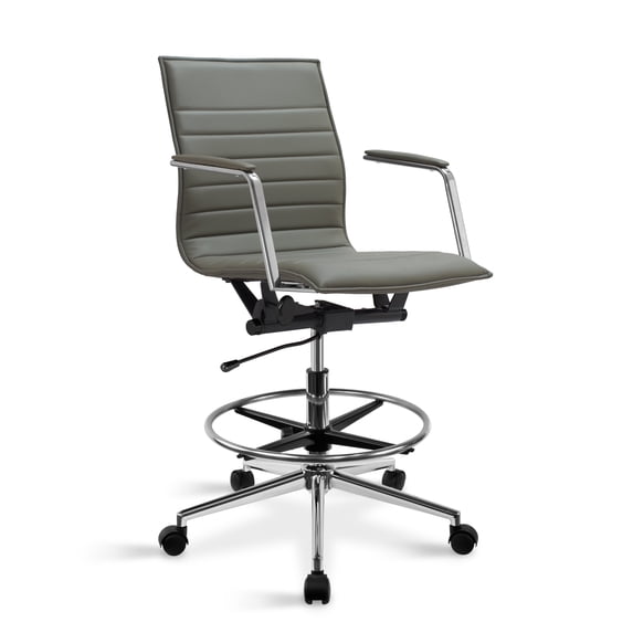 2xhome Office Drafting Chair Ribbed Mid Back With Wheels And Arms For Home Office Conference Room Tilt Ribbed Adjustable Height Chrome Swivel with Chrome Foot Rest Gray, Set of 1, 1 piece