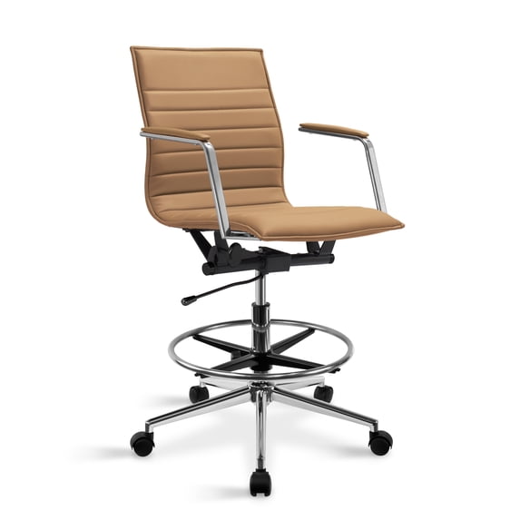 2xhome Office Drafting Chair Ribbed Mid Back With Wheels And Arms For Home Office Conference Room Tilt Ribbed Adjustable Height Chrome Swivel with Chrome Foot Rest Tan, Set of 1, 1 piece