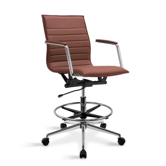 2xhome Office Drafting Chair Ribbed Mid Back With Wheels And Arms For Home Office Conference Room Tilt Ribbed Brown, Set of 1, 1 piece