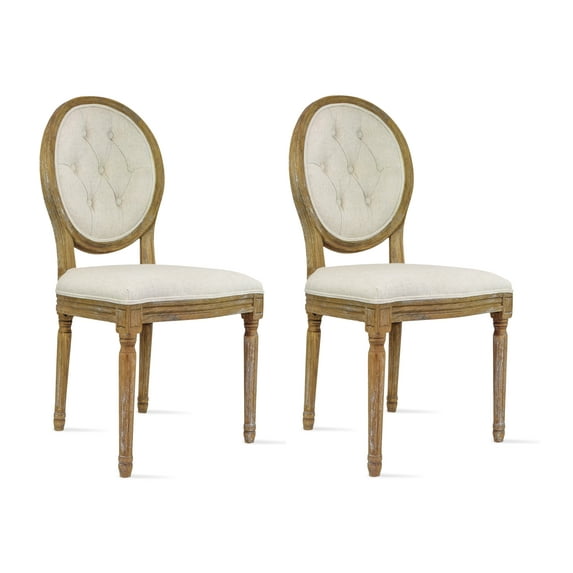 2xhome - Set of 2 French Chic Vintage Style Dining Chairs With Upholstered Linen Fabric And Elegant Natural Rustic Wood Frame - Rattan Wicker Oval Back
