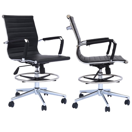Homelala Set of 2 Office Drafting Chair Ribbed Mid Back With Wheels And Arms For Home Office Conference Room Tilt Ribbed Adjustable Height Chrome Swivel with Chrome Foot Rest Black