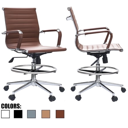 Homelala Set of 2 Office Drafting Chair Ribbed Mid Back With Wheels And Arms For Home Office Conference Room Tilt Ribbed Adjustable Height Chrome Swivel with Chrome Foot Rest Brown