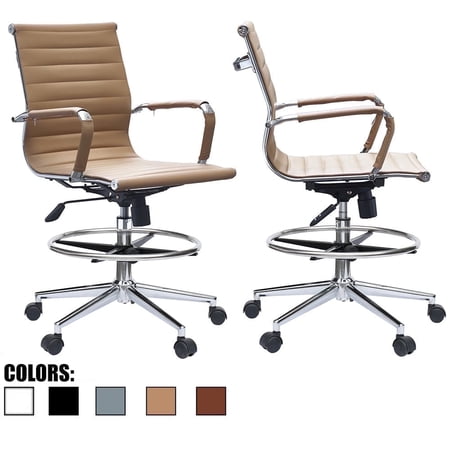 Homelala Set of 2 Office Drafting Chair Ribbed Mid Back With Wheels And Arms For Home Office Conference Room Tilt Ribbed Adjustable Height Chrome Swivel with Chrome Foot Rest Tan