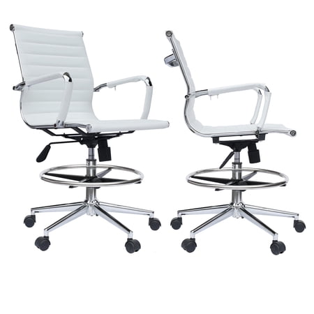 Homelala Set of 2 Office Drafting Chair Ribbed Mid Back With Wheels And Arms For Home Office Conference Room Tilt Ribbed Adjustable Height Chrome Swivel with Chrome Foot Rest White