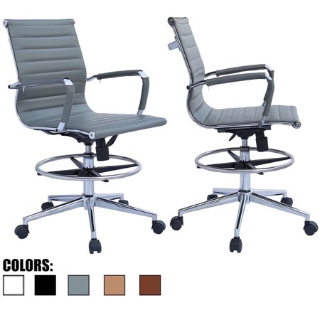 Homelala Set of 2 Office Drafting Chair Ribbed Mid Back With Wheels And Arms For Home Office Conference Room Tilt Ribbed Adjustable Height Chrome Swivel with Chrome Foot Rest Gray