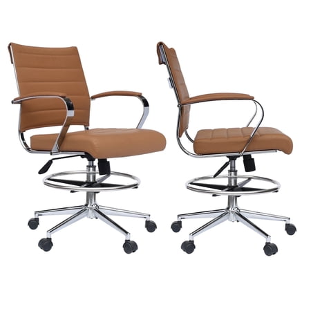 Homelala Set of 2 Office Tan Drafting Chair Ribbed Padded Open Mid Back With Wheels And Chrome Arms For Home Office Conference Room Tilt Ribbed Adjustable Height Chrome Swivel and Drafting Chair Work