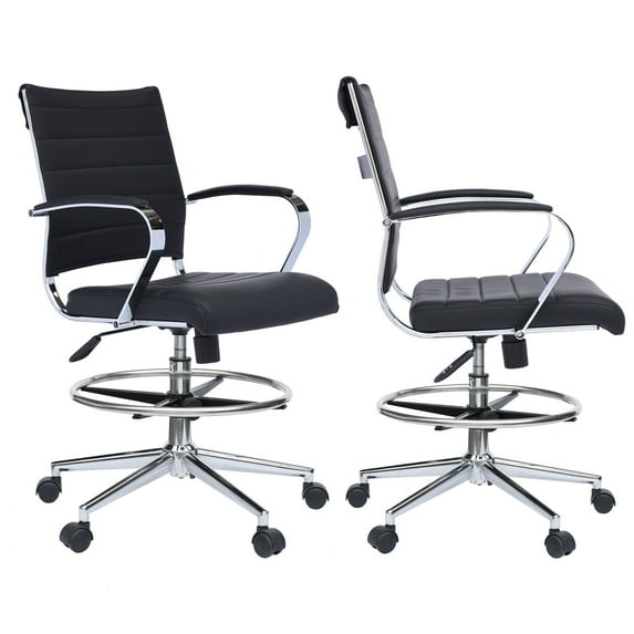 Homelala Set of 2 Black Office Drafting Chair Ribbed Padded Open Mid Back With Wheels And Chrome Arms For Home Office