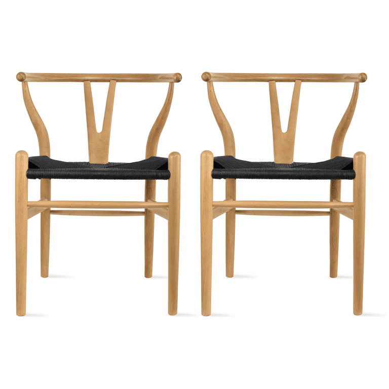 Homelala Set of 2 Wishbone Solid Wood Armchairs with Arms Open Y Back Farmhouse Dining Office Chairs with Woven Black Seat Natural