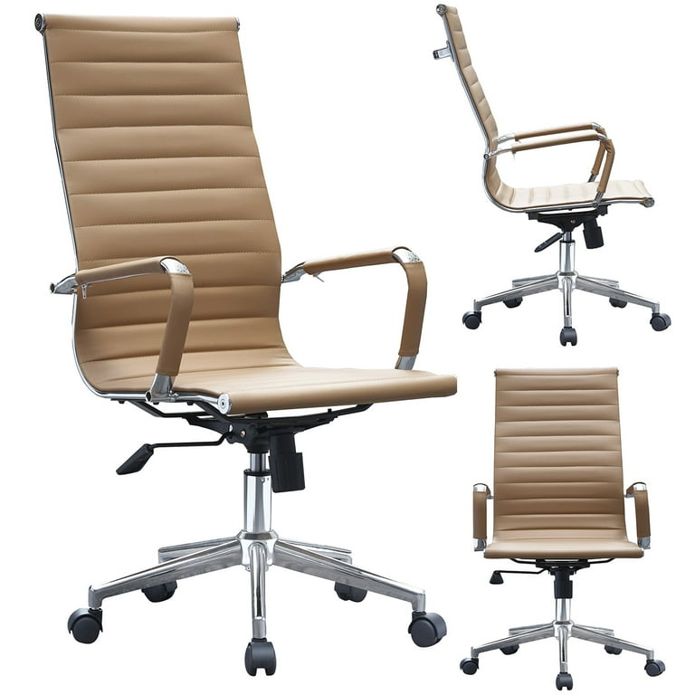 Modern Tan High Back Office Chair Ribbed PU Leather Swivel Tilt Conference Room Computer Desk Cushion Seat Boss