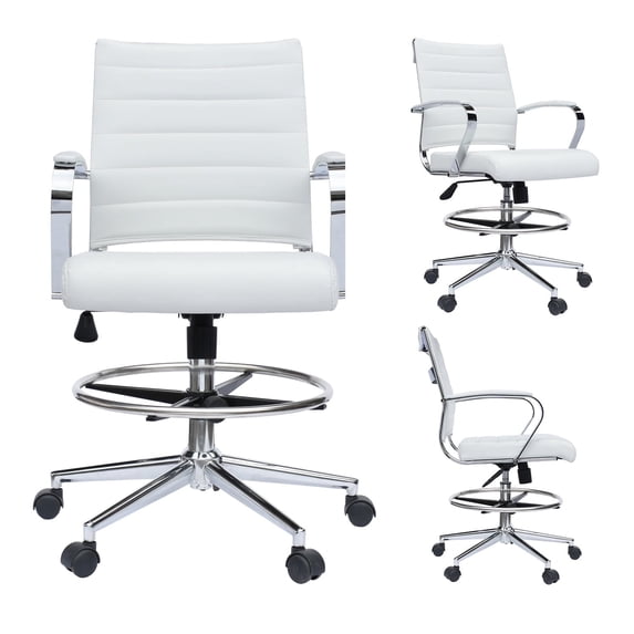Homelala White Office Drafting Chair Ribbed Padded Open Mid Back With Wheels Chrome Arms For Home Office Conference Room Tilt Ribbed Adjustable Height Chrome Swivel and Foot Rest, Single, Set of 1