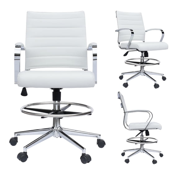 Homelala White Office Drafting Chair Ribbed Padded Open Mid Back With Wheels Chrome Arms For Home Office Conference Room Tilt Ribbed Adjustable Height Chrome Swivel and Foot Rest, Set of 1, 1 piece