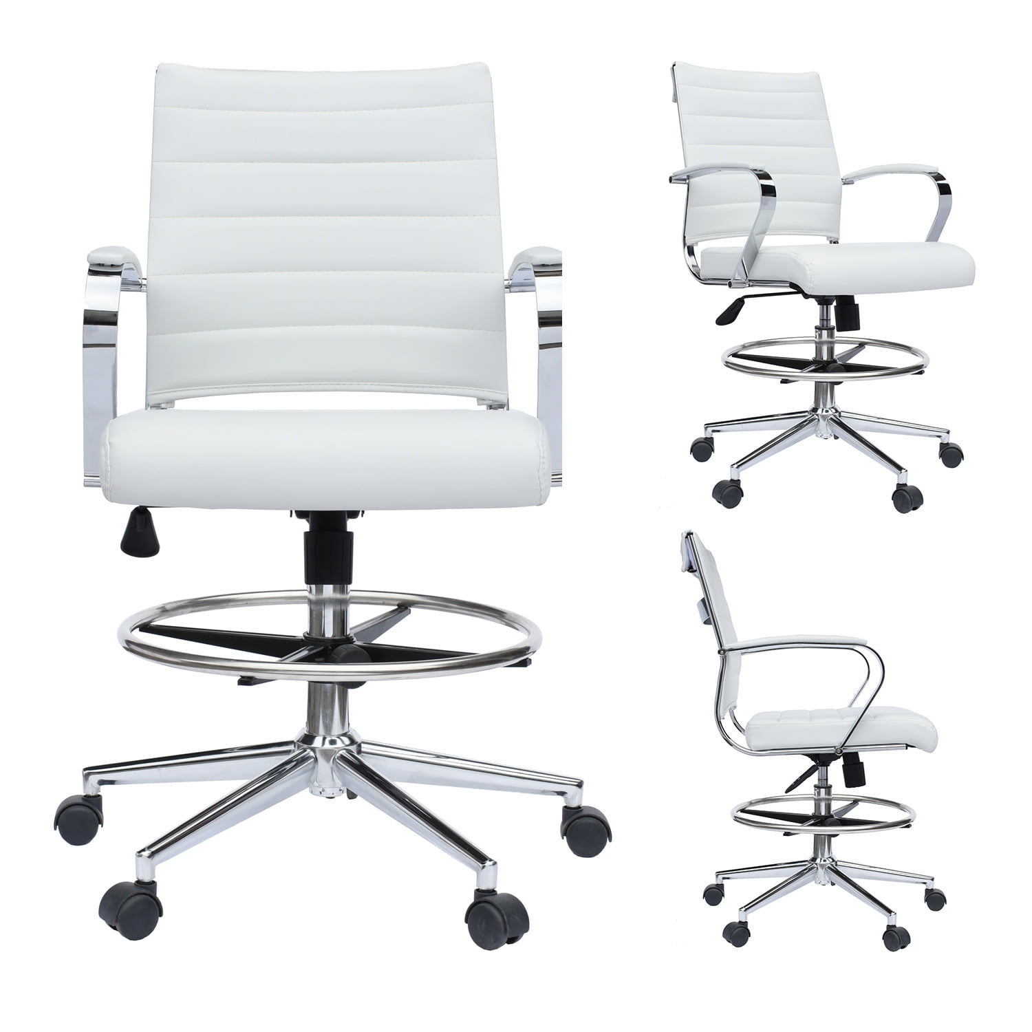 Homelala White Office Drafting Chair Ribbed Padded Open Mid Back With