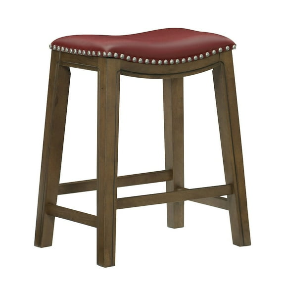 Homelegance 24" Counter Height Wooden Bar Stool Saddle Seat Barstool, Brown Red